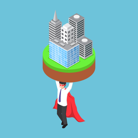Flat 3d isometric businessman carrying business building. Business leadership concept.のイラスト素材