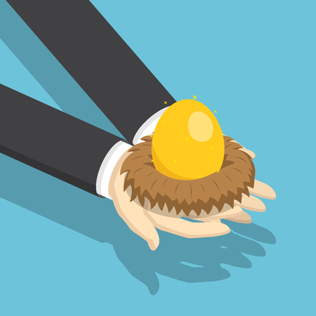 Flat 3d isometric businessman holding nest with golden egg. Investment and financial concept.のイラスト素材