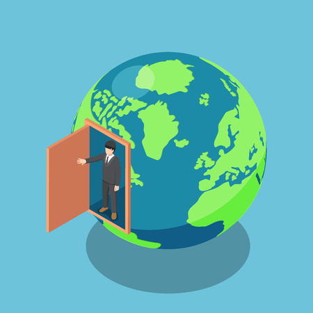 Flat 3d isometric businessman open the door and come out from inside the world. Business leadership and vision concept.のイラスト素材