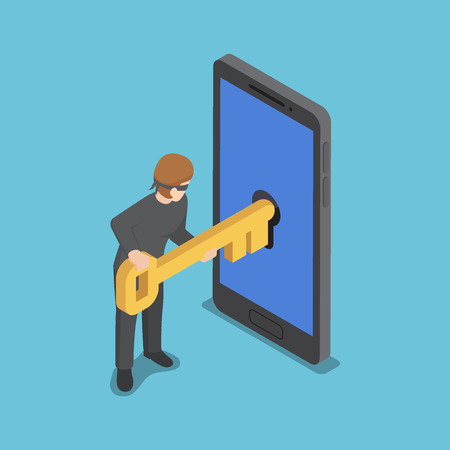 Flat 3d isometric thief or hacker use key to hack into smartphone, hacker and cyber security network concept.のイラスト素材