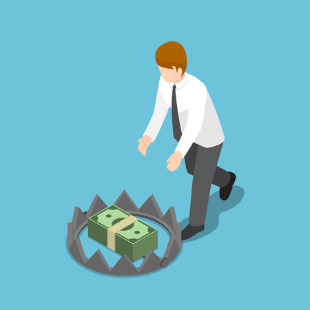 Flat 3d isometric businessman trying to take money from bear trap. Financial trap concept.のイラスト素材