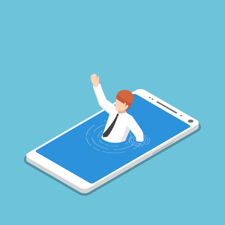 Flat 3d isometric businessman drowning in smartphone. Smartphone or mobile addiction concept.のイラスト素材