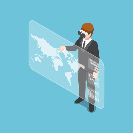 Flat 3d isometric businessman wearing virtual reality headset and analysis the business chart. Business and technology concept.のイラスト素材