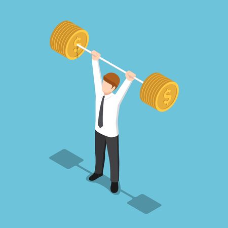 Flat 3d isometric businessman lifting barbell coins. Financial strength concept.のイラスト素材