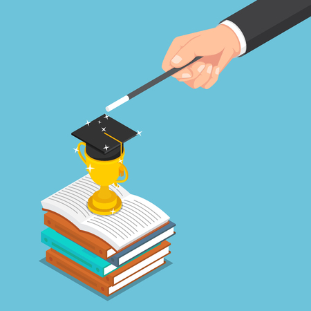Flat 3d isometric businessman use magic to create trophy and graduate cap on the books. Business success and education concept.のイラスト素材