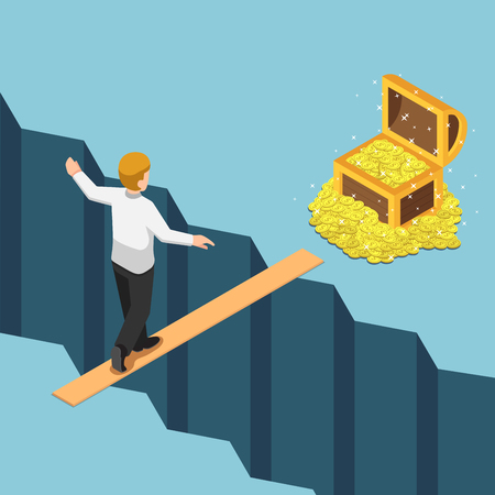 Flat 3d isometric businessman walking on small bridge over abyss to the treasure box. High risk High return. Business risk concept.のイラスト素材