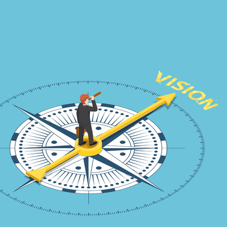 Flat 3d isometric businessman with spyglass telescope on compass that point to vision word. Business vision concept.のイラスト素材