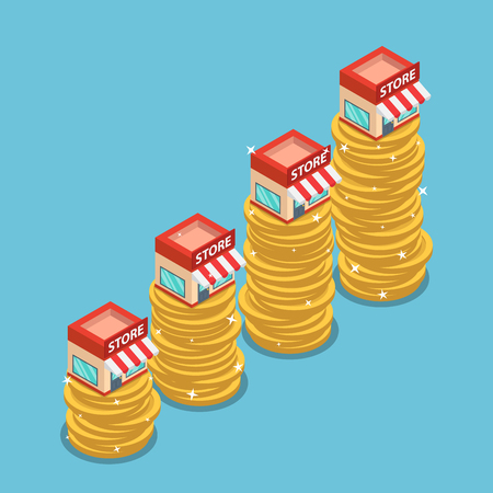 Flat 3d isometric shopping store on the top of growing coin stack. Franchise business marketing concept.のイラスト素材