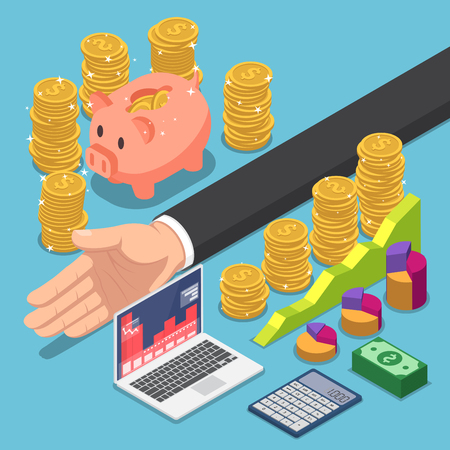 Flat 3d isometric businessman divide the money for saving and investing. Money and financial management concept.のイラスト素材