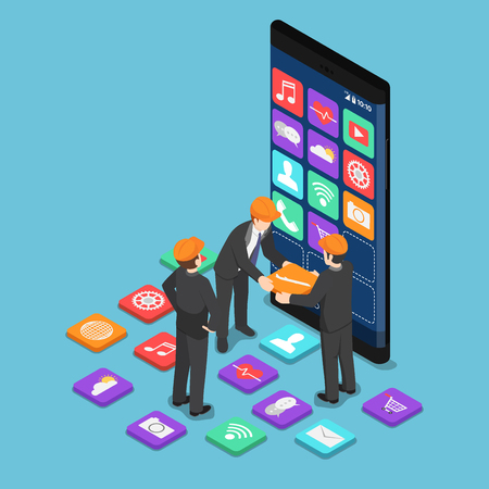 Flat 3d isometric businessman help each other to build mobile application. Mobile app developer concept.のイラスト素材
