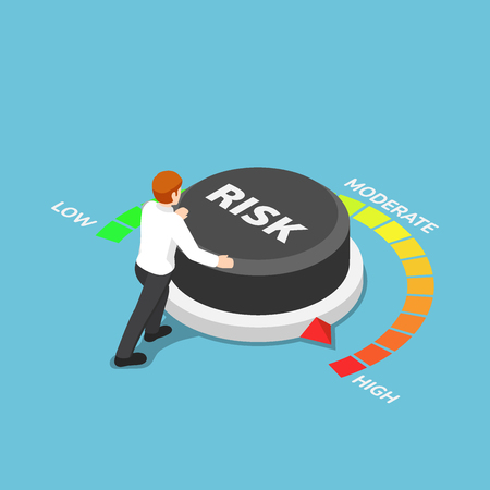 Flat 3d isometric businessman turning risk button to high position. Business risk concept.のイラスト素材