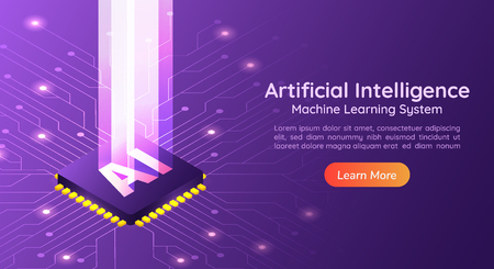 3d isometric web banner Artificial Intelligence AI with light pillar on computer circuit board. AI and Machine learning concept landing page.のイラスト素材