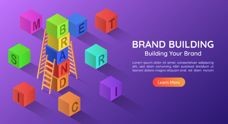 3d isometric web banner alphabet block combined a BRAND word in a row. Brand building concept landing page.のイラスト素材