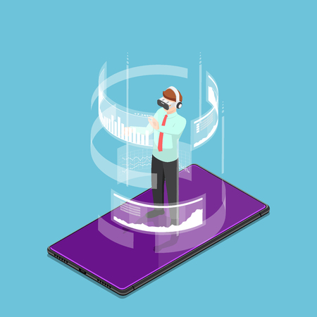 Flat 3d isometric businessman wearing virtual reality headset and standing on smartphone. Augmented and virtual reality technology concept.のイラスト素材