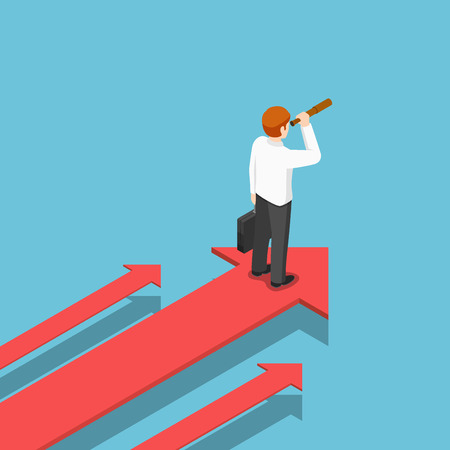 Flat 3d isometric businessman with telescope standing on arrow that moving forward. Business vision concept.のイラスト素材