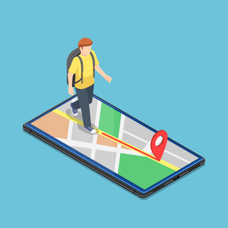Flat 3d isometric traveller use map application on the smartphone to reach the destination. Mobile GPS navigation system concept.のイラスト素材