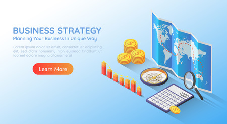 3d isometric web banner business planning strategy on world map with accessories and graph. Business planning and strategy concept landing page.のイラスト素材