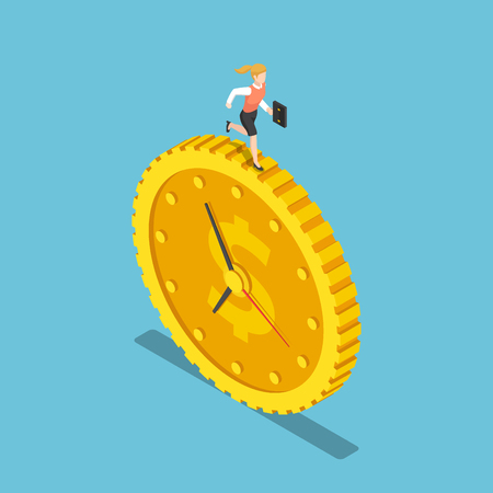 Flat 3d isometric business woman is running on the dollar coin clock. Time is money concept.のイラスト素材
