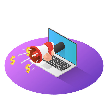 3d isometric businessman hand with megaphone come out from laptop monitor. Online business advertising and outbound marketing concept.のイラスト素材