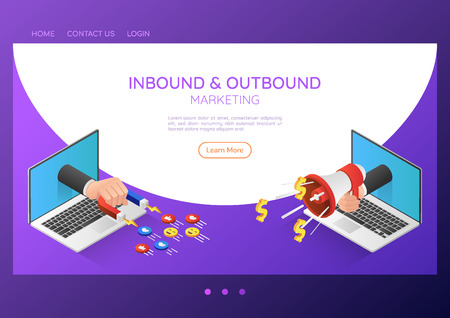 3d isometric web banner businessman hand come out from laptop monitor with magnet and megaphone. Inbound and outbound marketing landing page concept.のイラスト素材