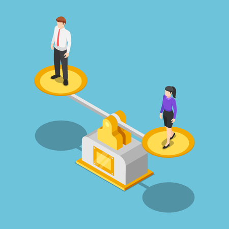 Flat 3d isometric businessman and businesswoman equal on a scale. Business and gender equality concept.のイラスト素材