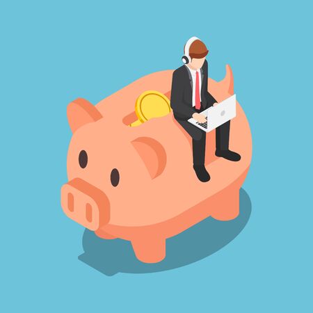 Flat 3d isometric businessman working on laptop with headphone on piggy bank. Finance savings and retirement planning concept.のイラスト素材