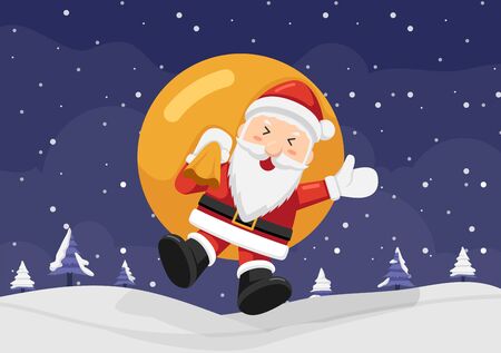 Happy Santa Claus holding sack and jumping on the snow. Christmas background concept.のイラスト素材