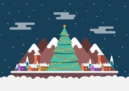 Winter night landscape in a small village with big christmas tree. Merry Christmas and happy new year background.のイラスト素材