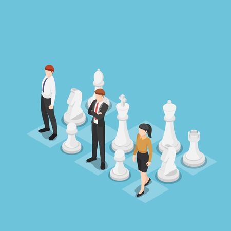 Flat 3d isometric business team standing with chess. Business strategy concept.のイラスト素材