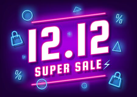 December 12 super sale shopping day neon sign background for poster, web banner, landing page, poster, flyer, promotional material.のイラスト素材