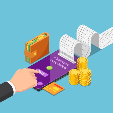 Flat 3d isometric businessman use smartphone to pay money online. Mobile payment and online shopping concept.のイラスト素材