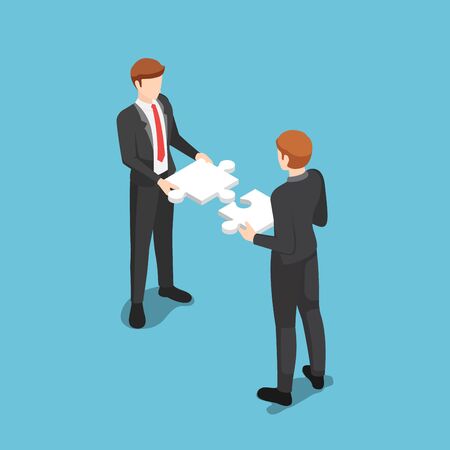 Flat 3d isometric business people assembling compatibility jigsaw puzzle together. Business team and teamwork concept.のイラスト素材