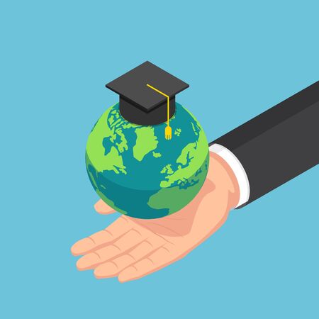 Flat 3d isometric businessman hand holding the world with graduation cap. Global education international concept.のイラスト素材