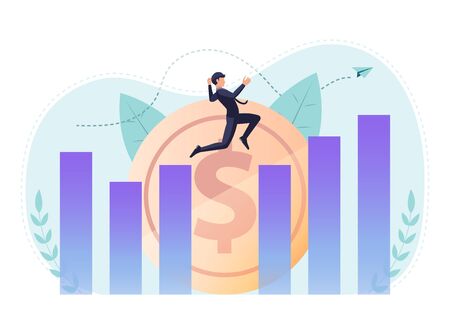 Flat 3d isometric businessman jumping across gap between graph to reach higher point. Leadership and business success concept.のイラスト素材