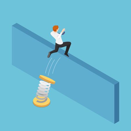 Flat 3d isometric businessman use spring to jumping over the wall. Business solution and overcome obstacle concept.のイラスト素材