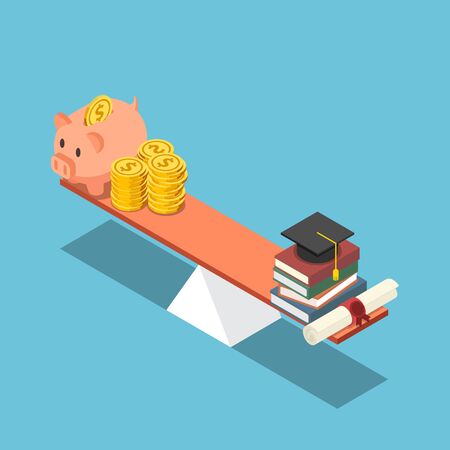 Flat 3d isometric piggy bank and dollar coin equal to graduation cap and diploma on the scale. Investment in education concept.のイラスト素材
