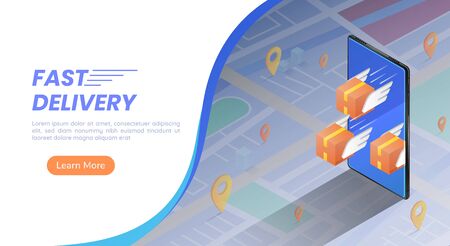 3d isometric web banner parcels box with wings flying forward rapidly from smartphone with pin on the map. Fast and safe delivery services concept.のイラスト素材