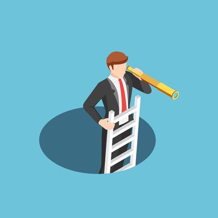 Flat 3d isometric businessman climbs out of the hole by ladder and using telescope. business vision and solution concept.のイラスト素材