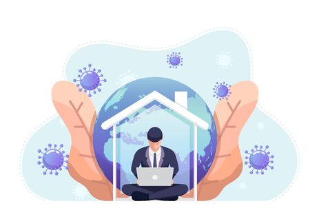 Businessman working on laptop  and quarantine at home. Work from home and social distance during corona virus quarantine concept.のイラスト素材