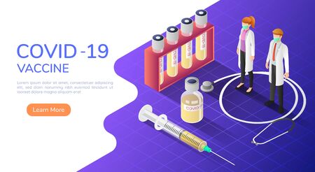 3d isometric web banner doctors wearing medical mask with COVID-19 or coronavirus vaccine and syringe. COVID-19 or coronavirus  treatment and prevention concept.のイラスト素材