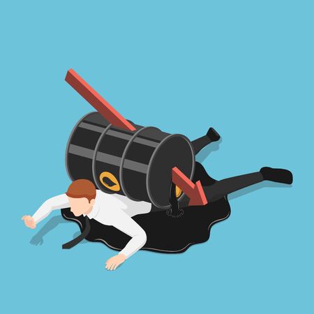 Flat 3d isometric falling red arrow piercing through oil barrel over businessman. Oil price crisis concept.のイラスト素材