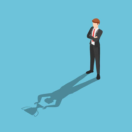 Flat 3d isometric businessman standing with his shadow holding winner trophy. Leadership and achievement concept.のイラスト素材