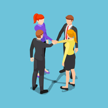 Flat 3d isometric business people putting their hands together. Unity and teamwork concept.のイラスト素材