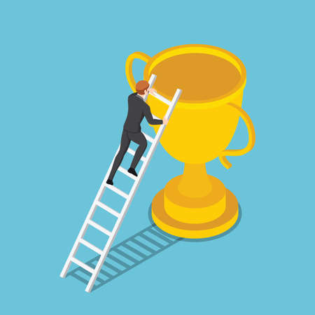 Flat 3d isometric businessman climbs up ladder to the trophy. Business success and career ladder concept.のイラスト素材