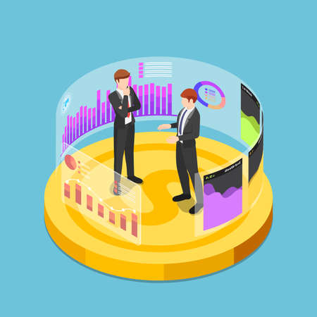 Flat 3d isometric business people standing on dollar coin and analyse business graph chart. Business analysis and financial concept.のイラスト素材