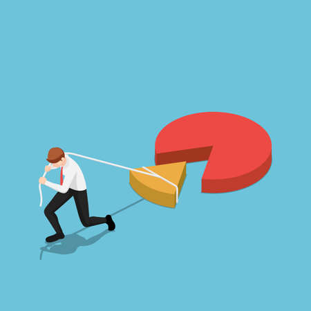 Flat 3d isometric businessman drag a piece of pie chart. Market sharing concept.のイラスト素材