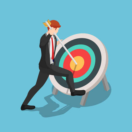 Flat 3d isometric businessman pinned arrow at the center of target. Business target and leadership...