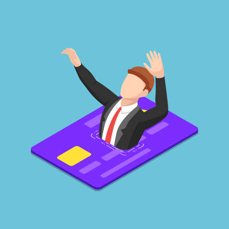 Flat 3d isometric businessman drowning into credit card. Financial crisis and debt concept.のイラスト素材