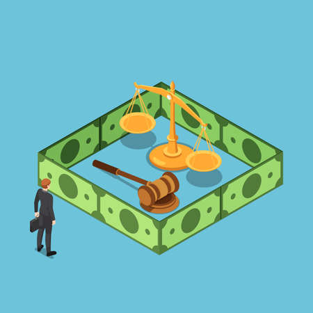 Flat 3d isometric businessman standing with justice scale gavel surrounding by dollar bill wall. Justice and bribery concept.のイラスト素材