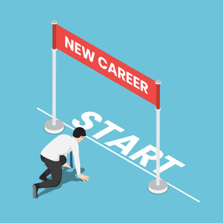 Flat 3d isometric businessman in starting position and ready to his new career. Start new career and business challenge concept.のイラスト素材